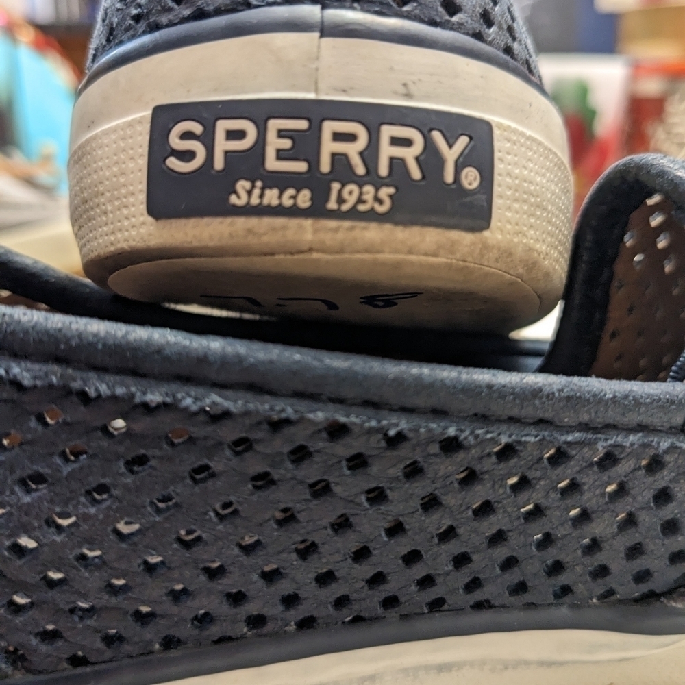 SPERRY SLIDES Dusty Blue Leather Slip On Sneakers Wm Sz 5 - Picture 6 of 11